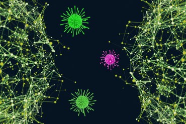 An illustration shows two diagrams of green dots connected by lines, suggesting connected data networks. Floating between those networks are 3D models of viruses.