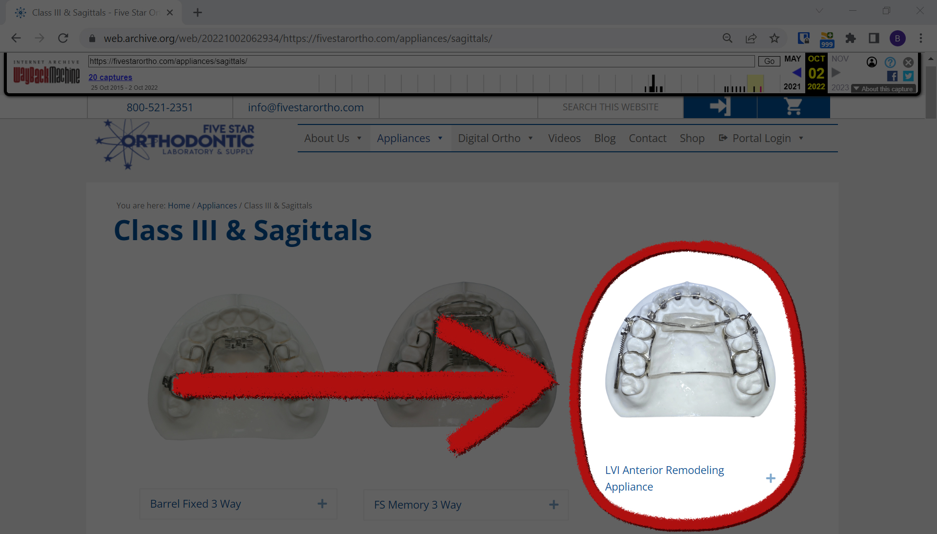 A screenshot of a website with an ARA dental deviced circle and an arrow pointing to it.