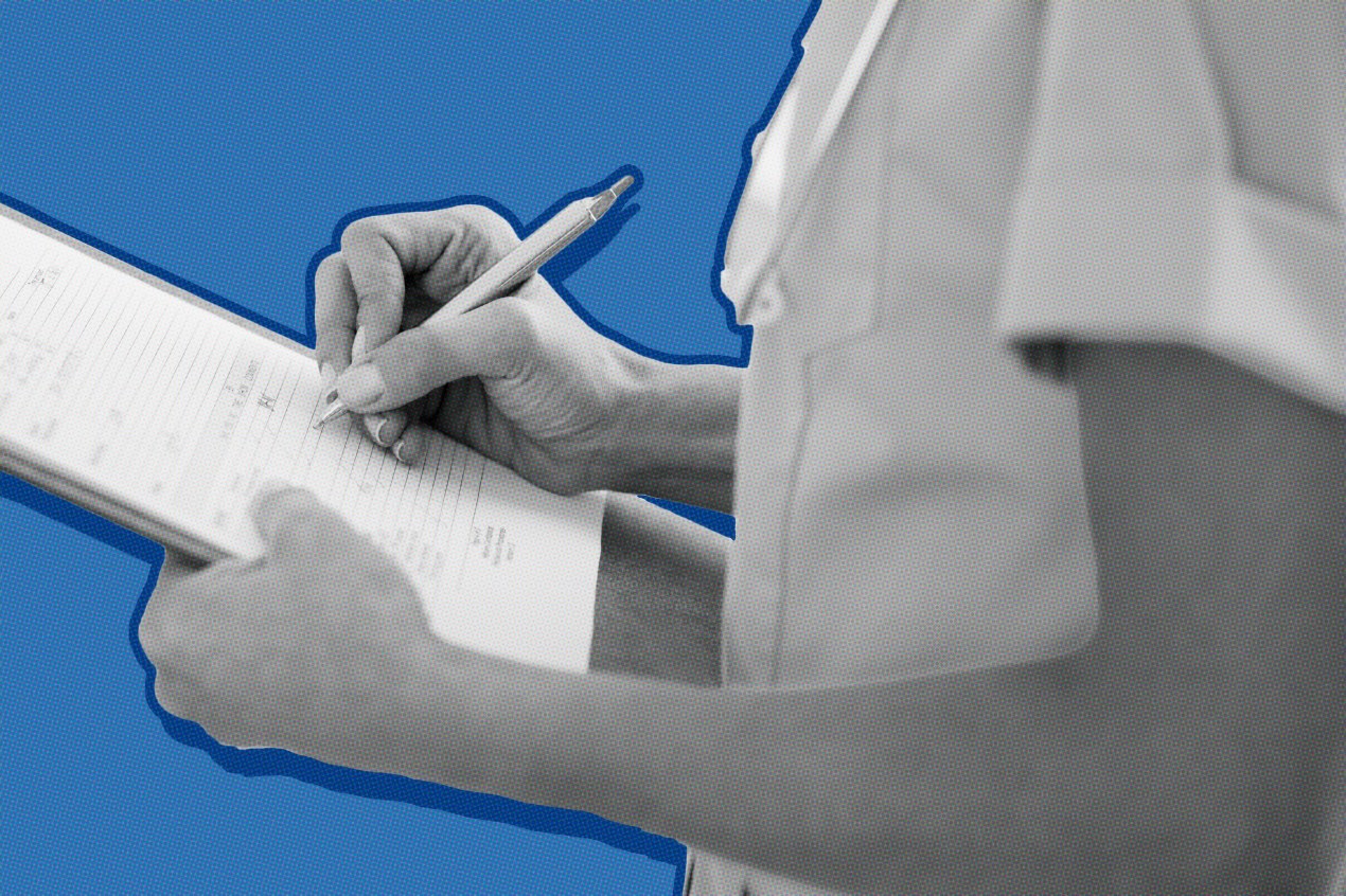 A photo illustration of a doctor filling out a form on a clipboard placed on a blue textured backdrop.