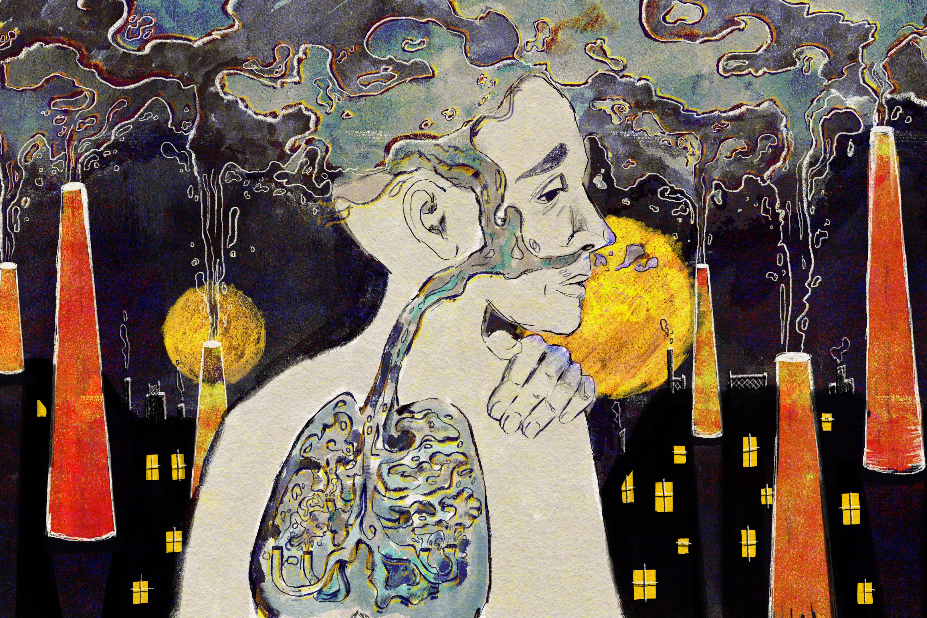 A digital illustration in watercolor and pencil shows a human with a melancholy expression at the center of the image. Their head is encircled by air pollution that billows up from surrounding smoke stacks. The background depicts a city at night. 