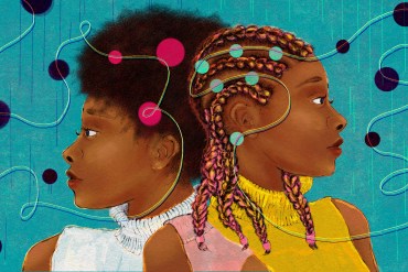 A digital illustration in bright copic marker and pencil shows a Black woman back-to-back with a mirror image of herself. On the left side, she wears her hair in a natural afro — the way, she was told, was required for an EEG procedure, allowing no product or protective styles. The version of herself on the right shows her hair in protective braids, which are separated to reveal parts of her scalp where an EEG device would need to be placed. That hairstyle would actually make it easier to get an accurate reading from the procedure, despite the instructions she was given.