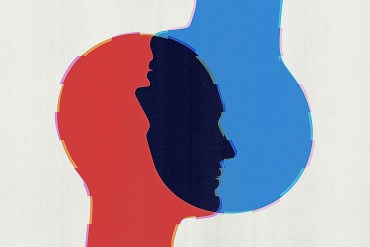 A photo illustration of a two faces in profile (one red, one blue) overlapped.
