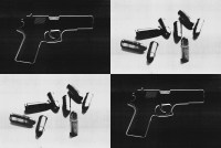 A photo illustration collage in four panels. Two are of a handgun in silhoutte, two are of bullets.