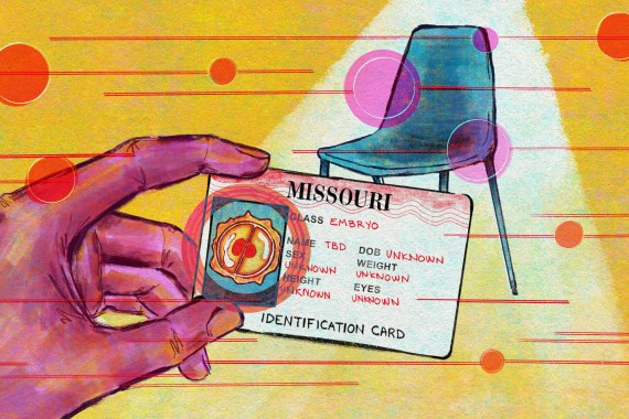 A digital illustration in watercolor and pencil shows a hand holding an ID card in the foreground of the scene. Instead of showing a picture of a person, the ID card shows a microscopic image of an embryo. The ID card reads, “Class: embryo; name: TBD; date of birth: unknown; sex: unknown; weight: unknown; height: unknown; eyes: unknown.” In the background, there is an empty chair where the person holding the ID card might have expected to see a person.