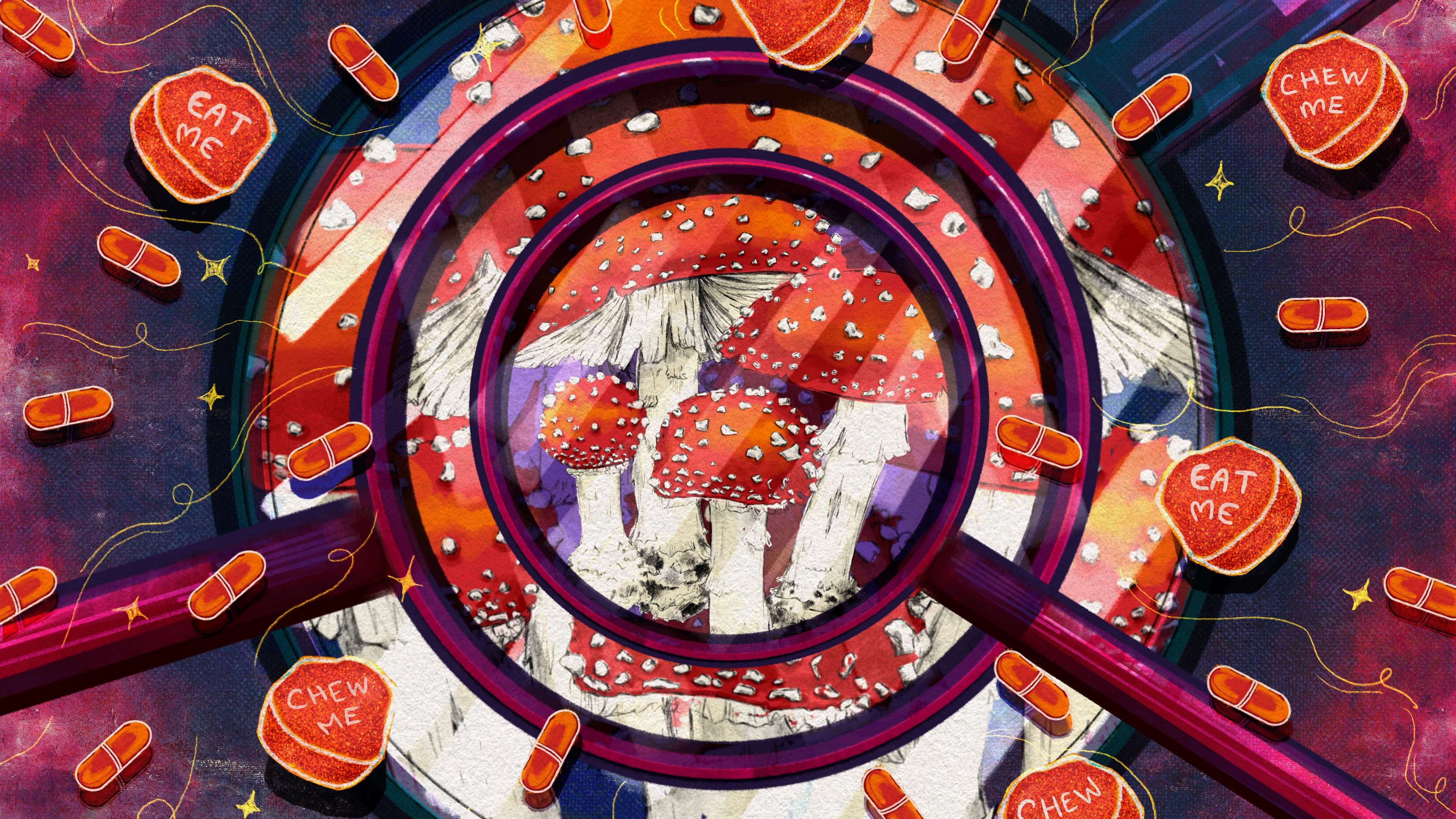 A digital illustration in bright Copic marker and pencil shows a cluster of realistically drawn Amanita muscaria mushrooms in different phases of growth, from the “button” stage to fully mature. These mushrooms have a distinct red cap covered in small, white nubs, which give it a spotted appearance. The gills and stem are a cream-white color. Popping out from the mushrooms in a whimsical style are gummies that variously read “eat me” and “chew me,” as well as capsules. Both ingestible products are colored the same red as the mushroom’s cap to indicate they are mushroom products. Multiple magnifying glasses are stacked on top of the mushrooms, distorting them while symbolizing the confusing information on the legality and safety of their use. The background is a deep blue, which fades to magenta, giving the image a dreamlike feel.
