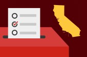 A photo illustration of a ballot in a ballot box next to an image of the state of California.