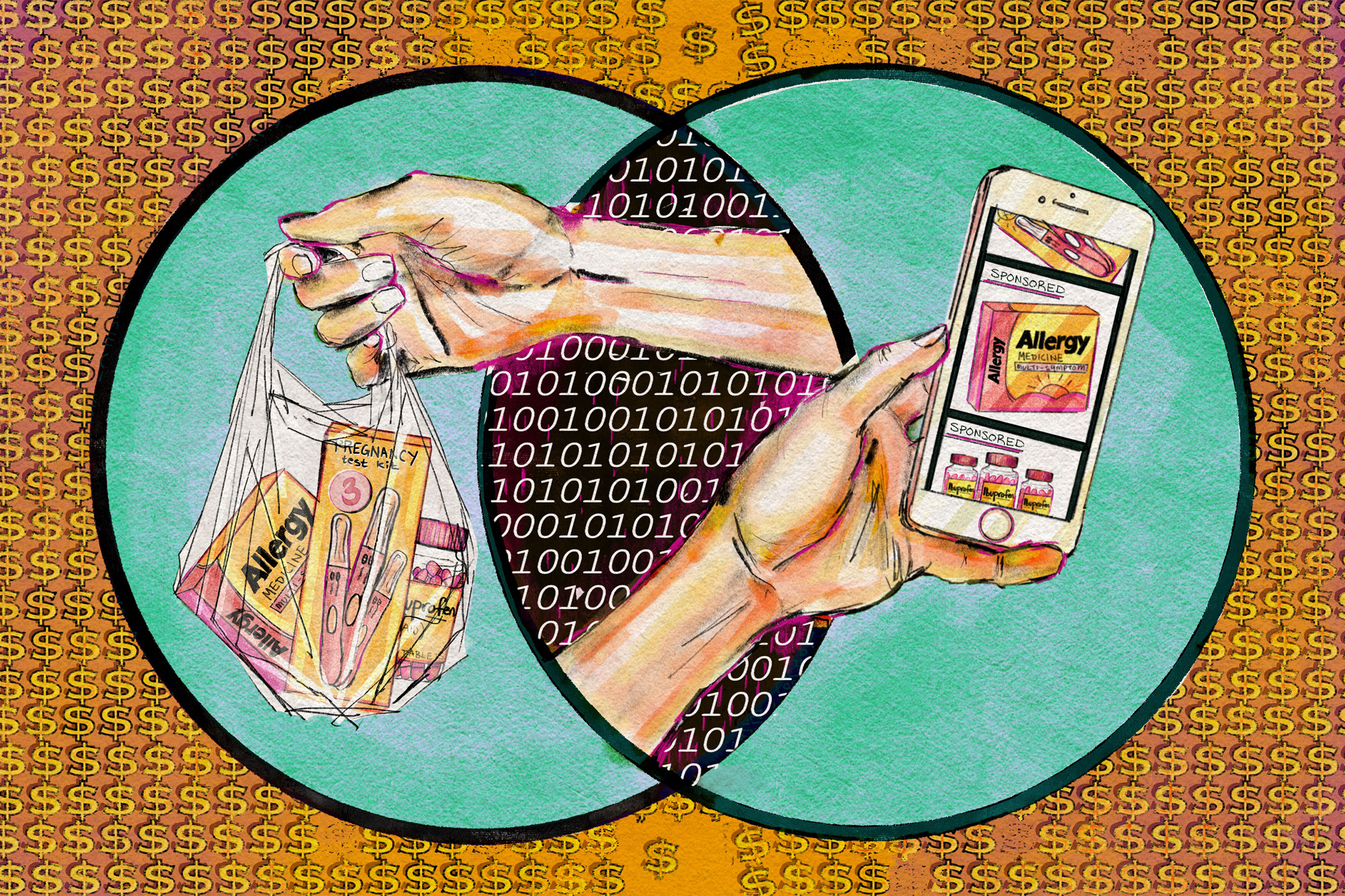 A digital illustration in bright copic marker and pencil shows a repetitive dollar-sign motif with two solid circles overlapping in the center of the image. Where they overlap, there is a binary-code pattern of zeroes and 1s, which represents information shared digitally. Two hands reach out of the digital space. The hand on the left holds a bag of over-the-counter products. The hand on the right holds a smartphone with an app open, showing sponsored advertisements for the same products in the bag to the left.