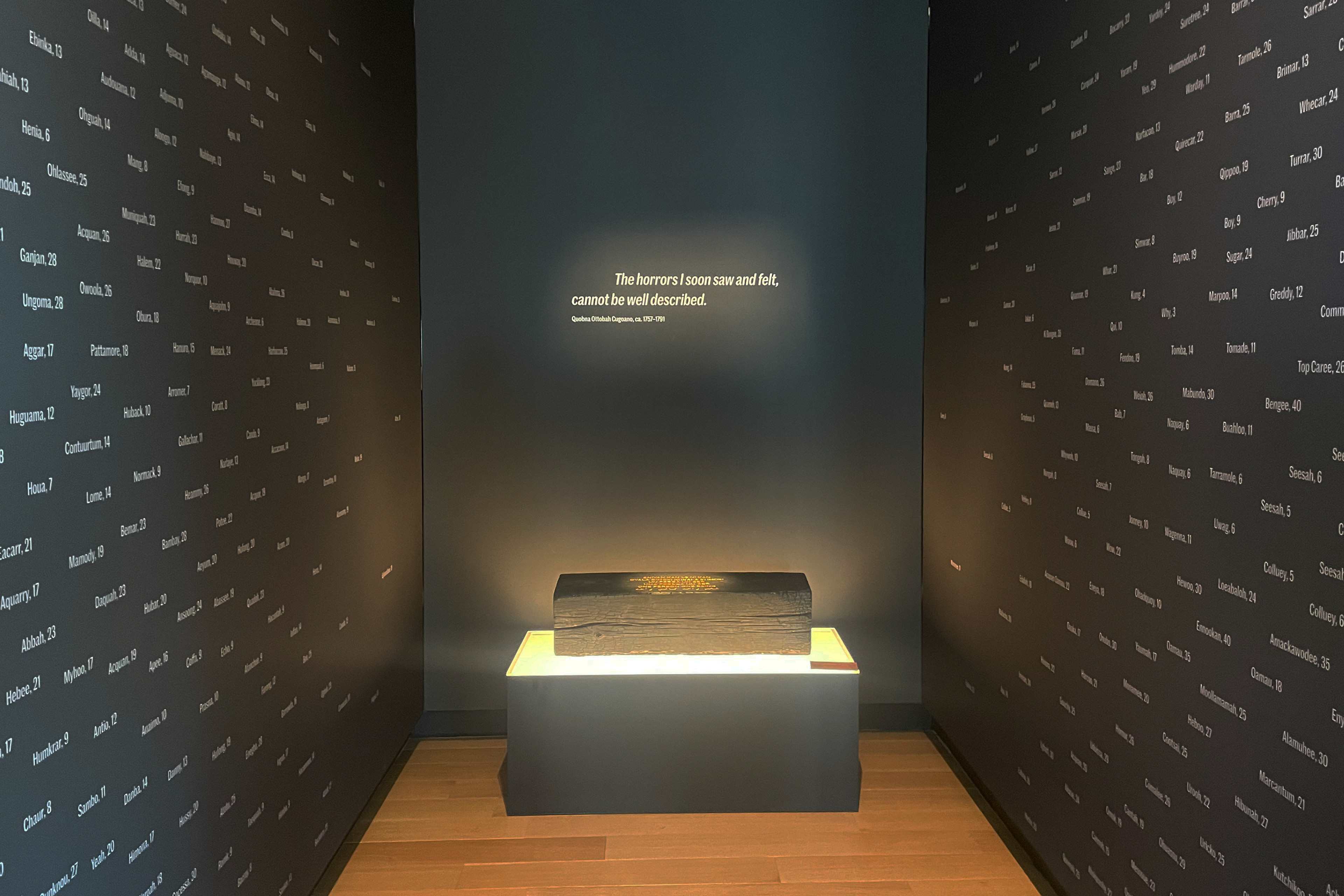 A photo of an exhibit with a quote on a wall that reads, "The horrors I soon saw and felt cannot be well described." On the walls surrounding the quote are the names and ages of enslaved people.