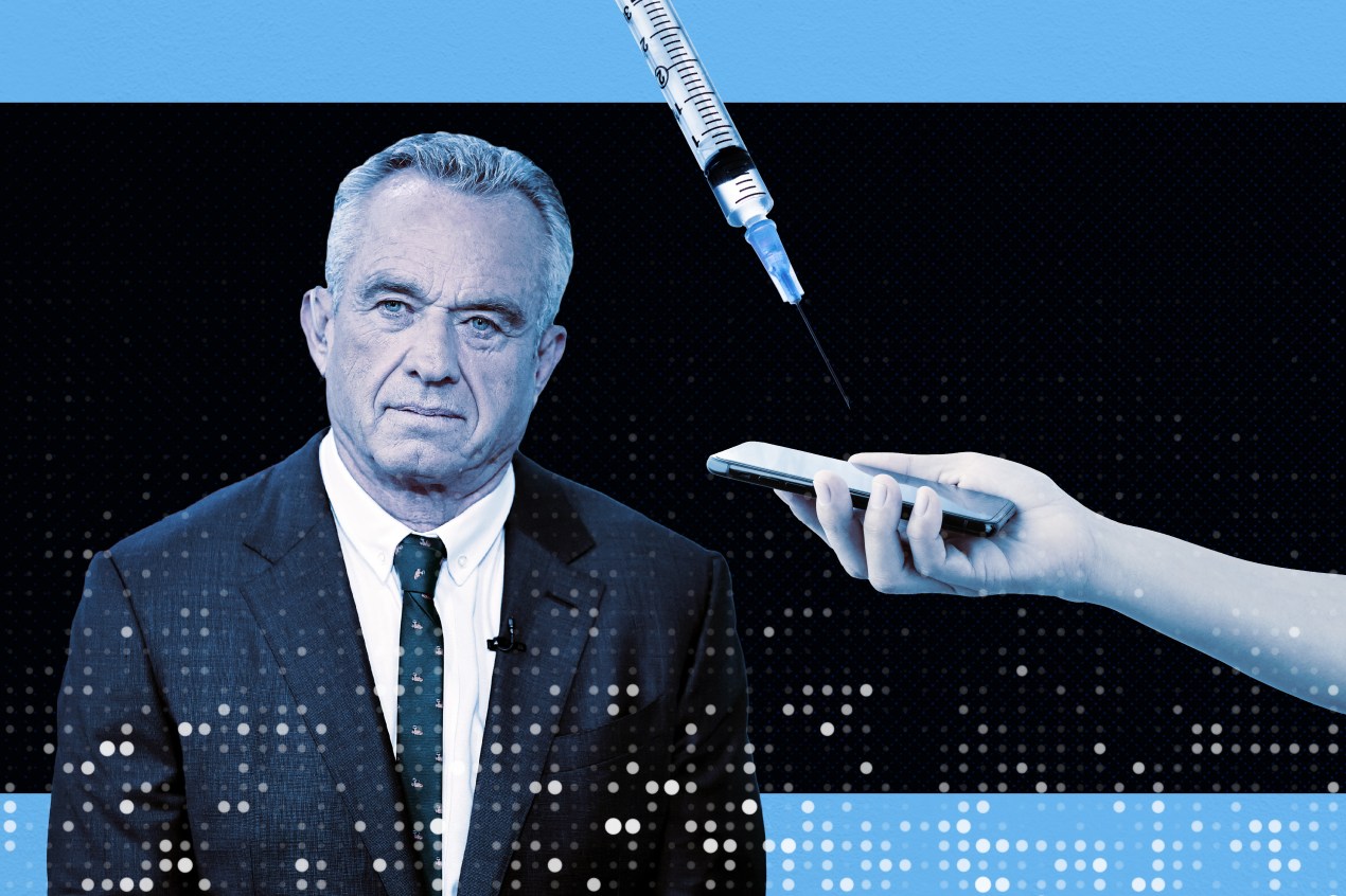 A photo illustration of Robert F. Kennedy Jr. superimposed next to a syringe and an outstretched arm holding a phone.