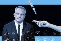 A photo illustration of Robert F. Kennedy Jr. superimposed next to a syringe and an outstretched arm holding a phone.
