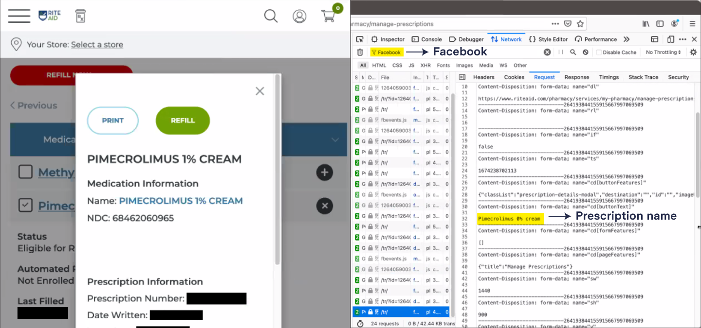 Side-by-side screenshots of a page from the Rite Aid website and the underlying code that is being sent to Facebook. The Rite Aid page displays Pimecrolimus 1% Cream. In the screenshot with code, the string ”Facebook” is highlighted and annotated with text that says “Facebook.” The string “Pimecrolimus 1% cream” is also highlighted with the annotation “Prescription name.”