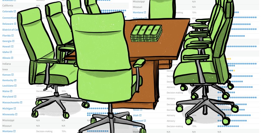 An digital illustration of ten office chairs surrounding a rectangular brown table and stacks of cash are on the table. The image background is a faded screenshot of the KFF Health News database entitled "Find Out Who Is Controlling Opioid Settlement Cash in Your State".