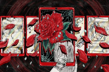 A digital drawing, made with black pencil and red and neon-blue gouache, shows a teenager standing in the center. The figure’s human head has been replaced with a red rose, which is losing its petals. The rose petals fall around the figure with drops of water, symbolizing tears. The figure’s body is half within a broken smartphone, the frame of which is colored the same red as the rose. In the background, smaller red cellphones are aligned horizontally. Their screens show a combination of guns, a happy human teen with a friend, and a memorial of the same teen. Behind everything, the base background is black and ominous.