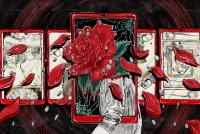 A digital drawing, made with black pencil and red and neon-blue gouache, shows a teenager standing in the center. The figure’s human head has been replaced with a red rose, which is losing its petals. The rose petals fall around the figure with drops of water, symbolizing tears. The figure’s body is half within a broken smartphone, the frame of which is colored the same red as the rose. In the background, smaller red cellphones are aligned horizontally. Their screens show a combination of guns, a happy human teen with a friend, and a memorial of the same teen. Behind everything, the base background is black and ominous.
