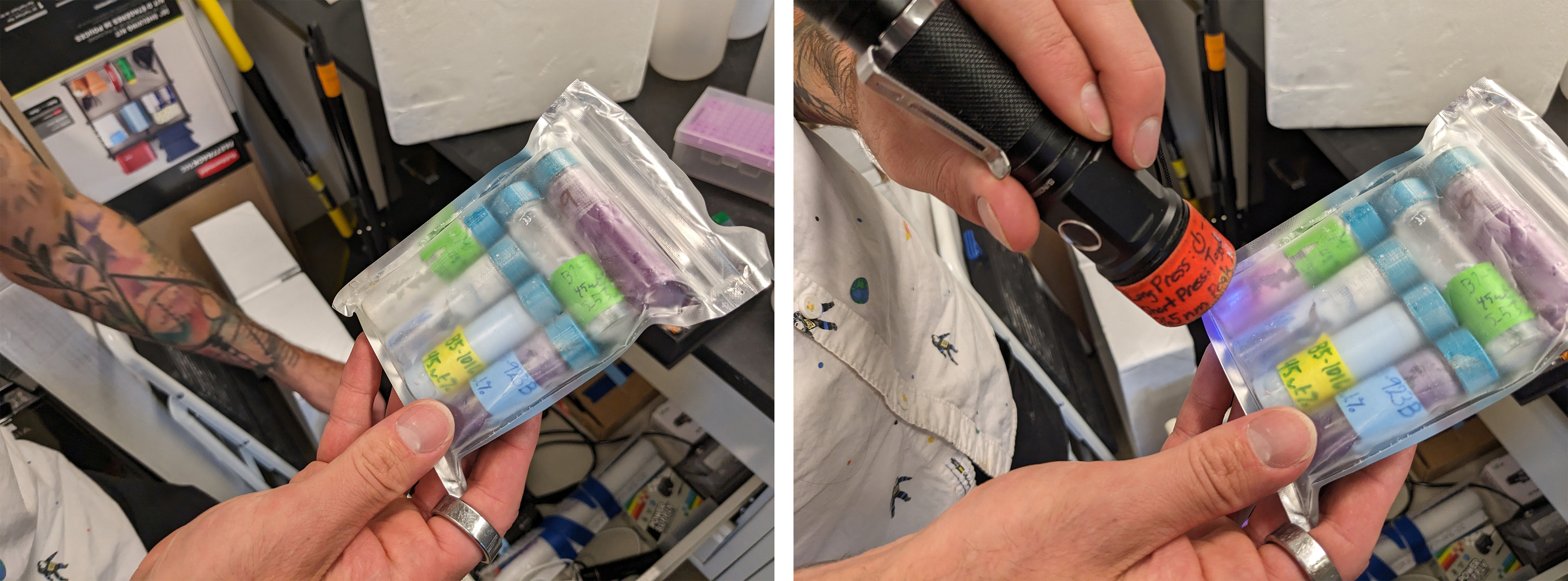 Two photos side-by-side: on the left are vials of tattoo inks; on the right are a the same vials changing colors after a UV light is shone on them.