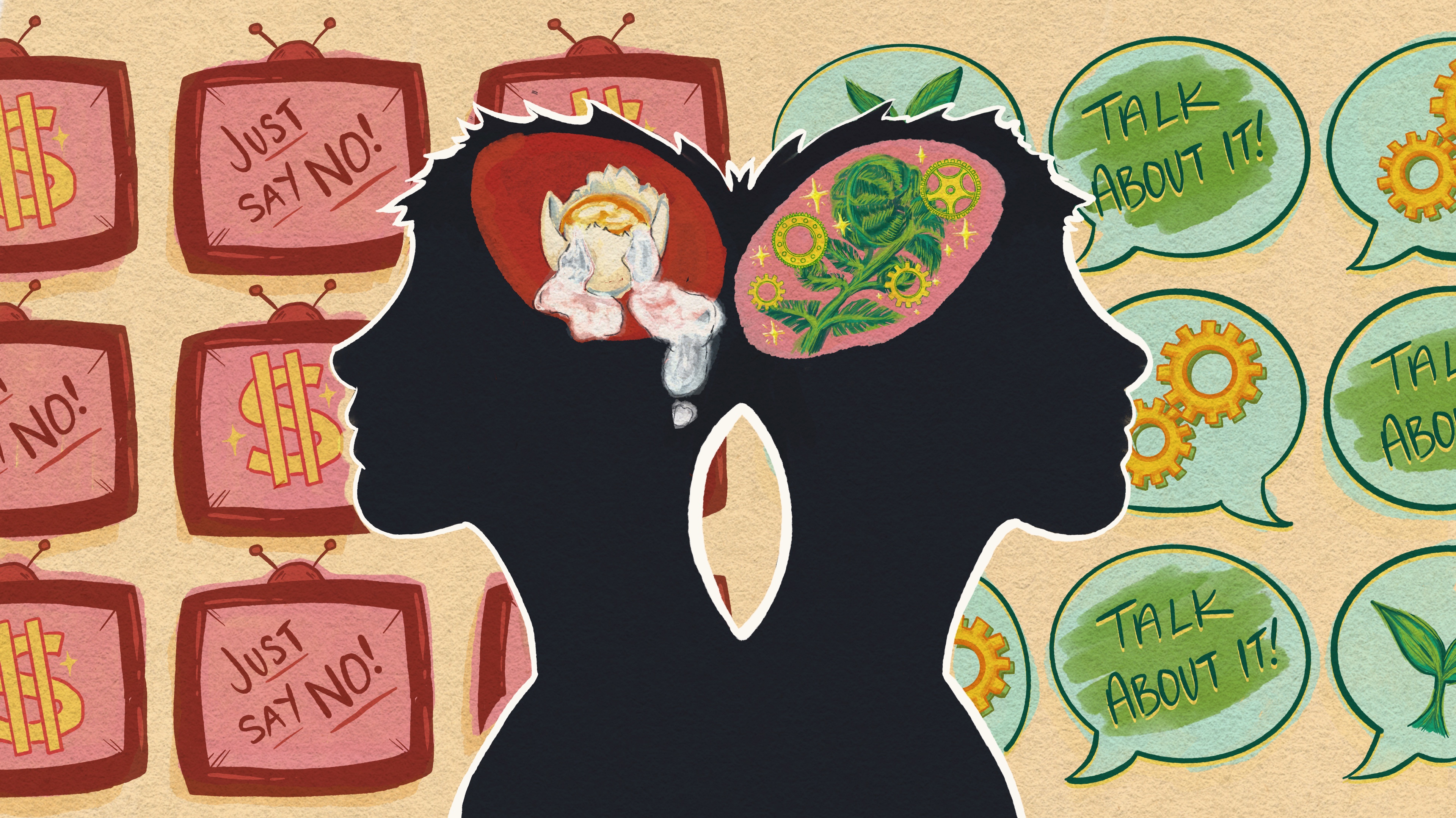 A digital illustration in colorful gouache shows silhouettes of the heads of two children facing in opposite directions. An outline of a brain is visible in each child’s head, with the one on the viewer’s left containing a cracked egg and the one on the right an unfurling fern. The background on the viewer’s left shows an array of TV screens with alternating displays, one reading “Just say no!” and the other featuring a large “$” sign. The child on the viewer’s right faces a pattern of speech bubbles that either say “Talk about it!” or feature a pair of gears or a sprouting leaf.