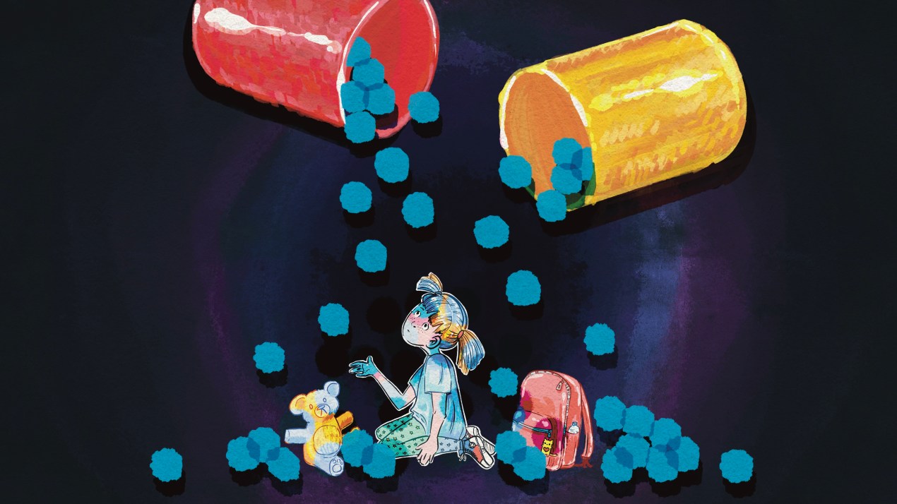 A digital illustration in colorful gouache shows a child sitting on the ground beside a backpack and a teddy bear in a dark void. She is looking up, with a puzzled expression, at two large, floating pill bottles, which are dropping pills on and around her like snow.