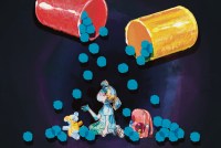 A digital illustration in colorful gouache shows a child sitting on the ground beside a backpack and a teddy bear in a dark void. She is looking up, with a puzzled expression, at two large, floating pill bottles, which are dropping pills on and around her like snow.