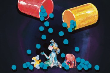 A digital illustration in colorful gouache shows a child sitting on the ground beside a backpack and a teddy bear in a dark void. She is looking up, with a puzzled expression, at two large, floating pill bottles, which are dropping pills on and around her like snow.