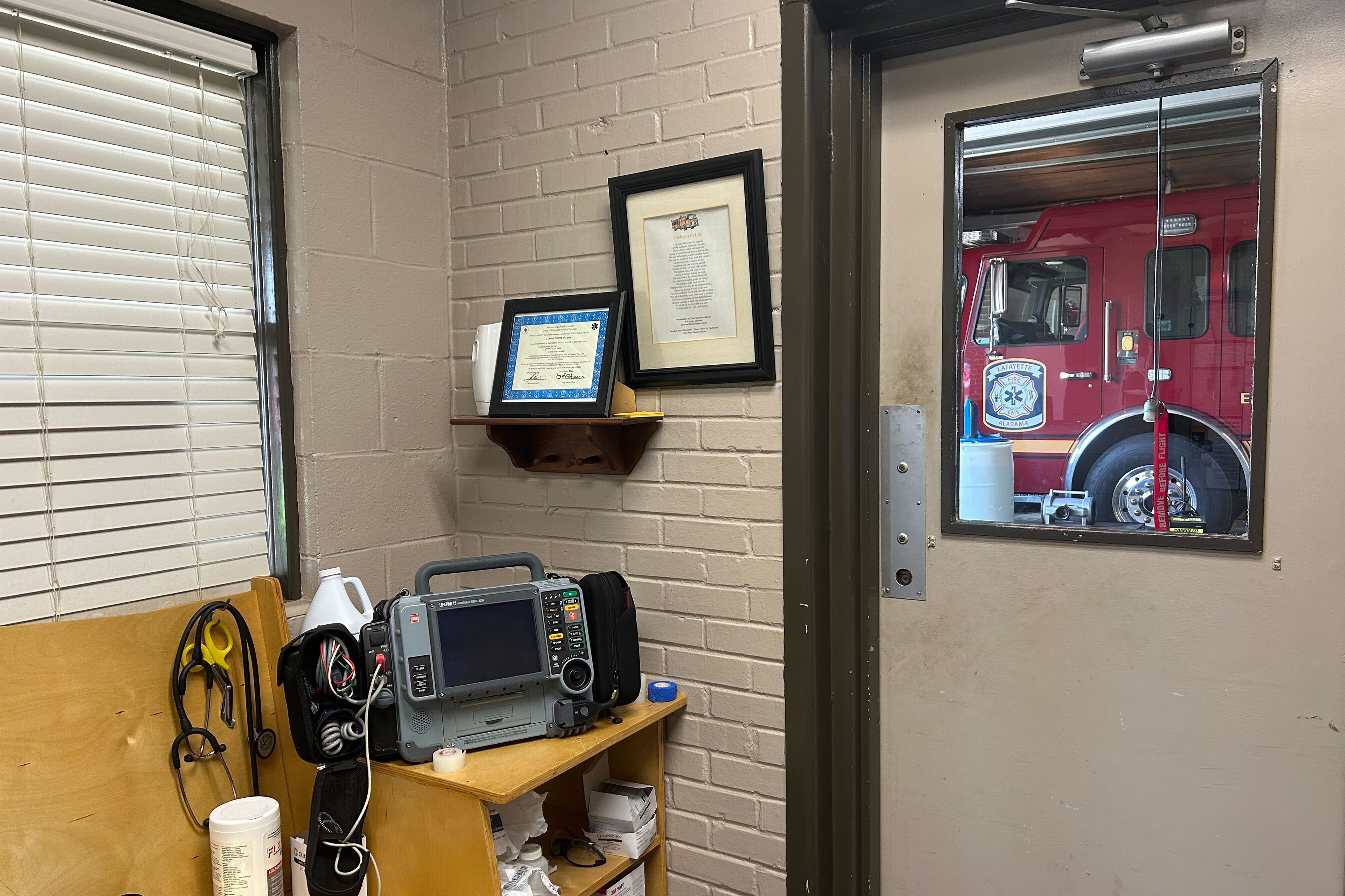 A photo of the interior of a fire station.