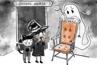 A black and white cartoon ink drawing shows two young children standing in an abandoned school nurse's office. One child is dressed up as a witch. She is sick and coughing. The other girl is dressed up as her cat, and holds onto her friend with concerned expression. They face an empty chair. A ghost nurse floats behind it, unable to help them.