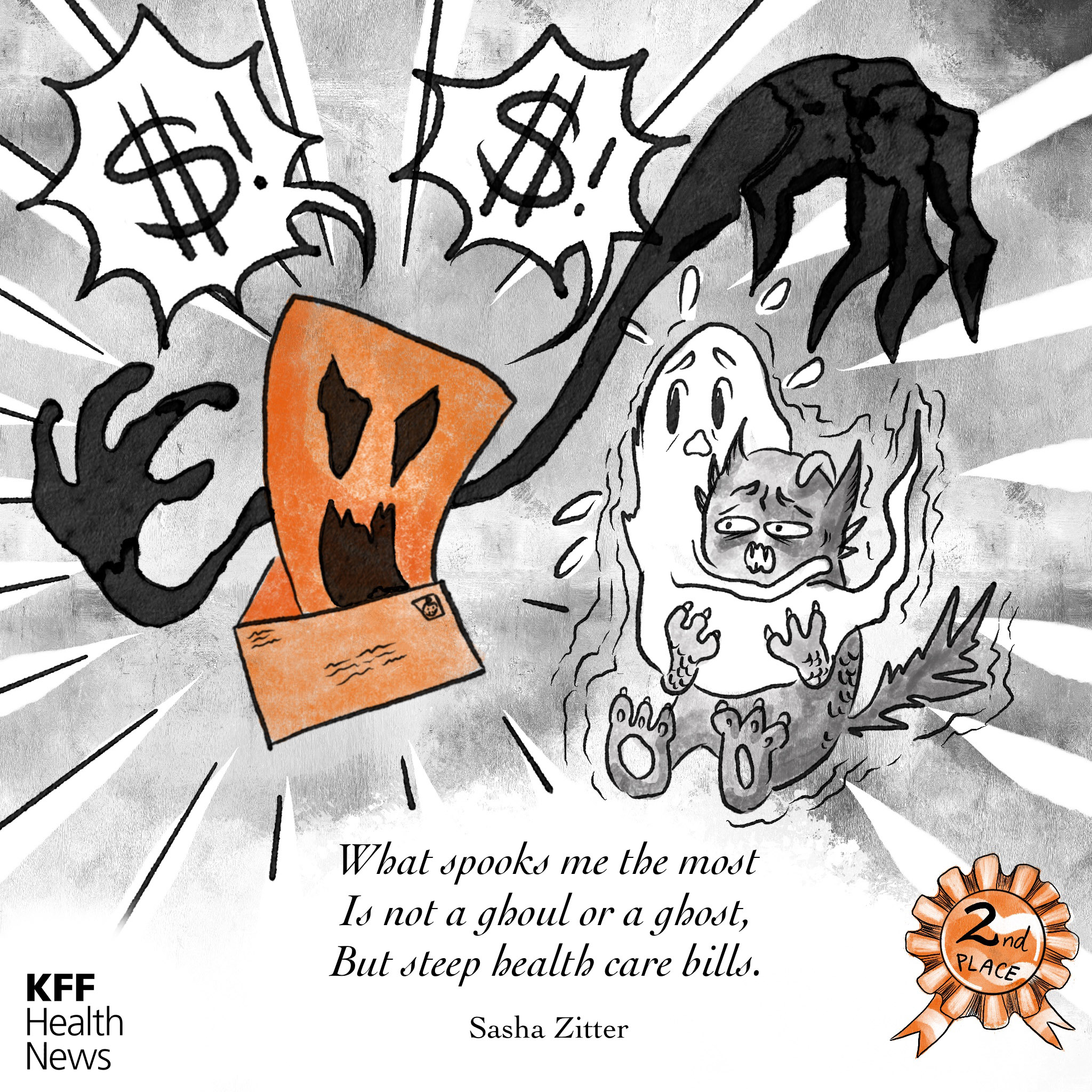 A black and white cartoon of a scary medical bill frightening a ghoul and a ghost. Below the image, haiku text reads: "What spooks me the most Is not a ghoul or a ghost But steep health care bills. –Sasha Zitter"