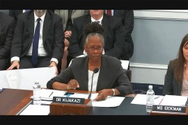 A screenshot from a livestream of Kilolo Kijakazi testifying during a subcommittee hearing in the House of Representatives.