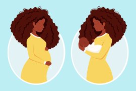 Two vector images of a Black woman. In the left image, she is pregnant. In the right image, she is holding a newborn baby.