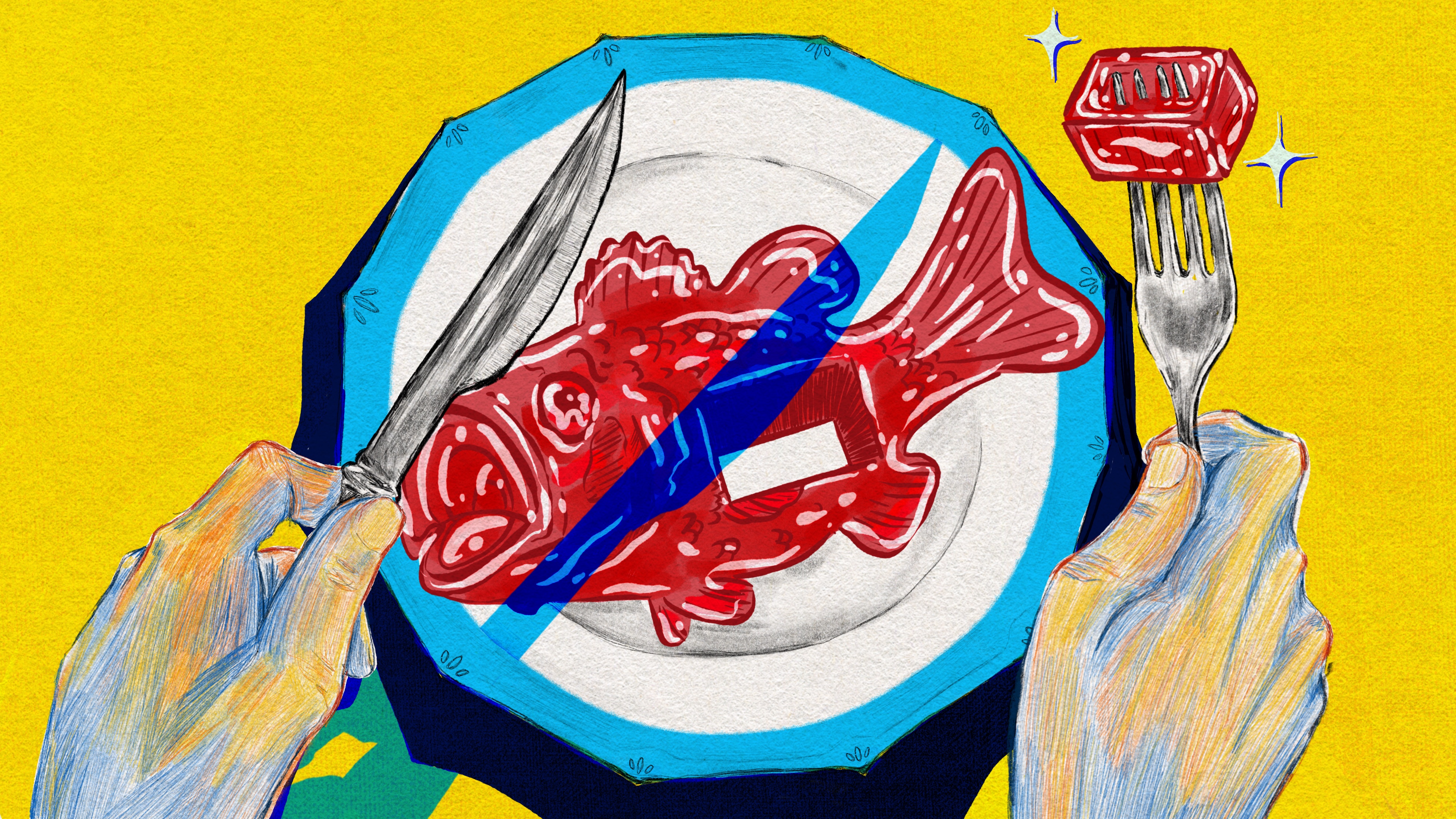 A digital illustration of a glossy-red plastic fish on a white dinner plate on a vivid yellow tablecloth. A hand on the left side of the fish holds a knife, which casts a blue shadow that, together with the border of the plate, makes the shape of a circle with a diagonal line across it. The hand on the right side holds a fork with a rubbery, glistening cube from the plastic fish speared on it.