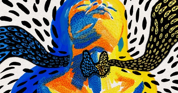 A digital illustration painted with colorful gouache in yellow and blue tones shows a woman with her head tilted back in exhaustion, exposing her neck. The thyroid gland, shaped like a butterfly, is painted black in the center of her neck. Dots of various sizes swirl around her. Flowing into the thyroid gland are pill symbols. Dots with money symbols flow out.