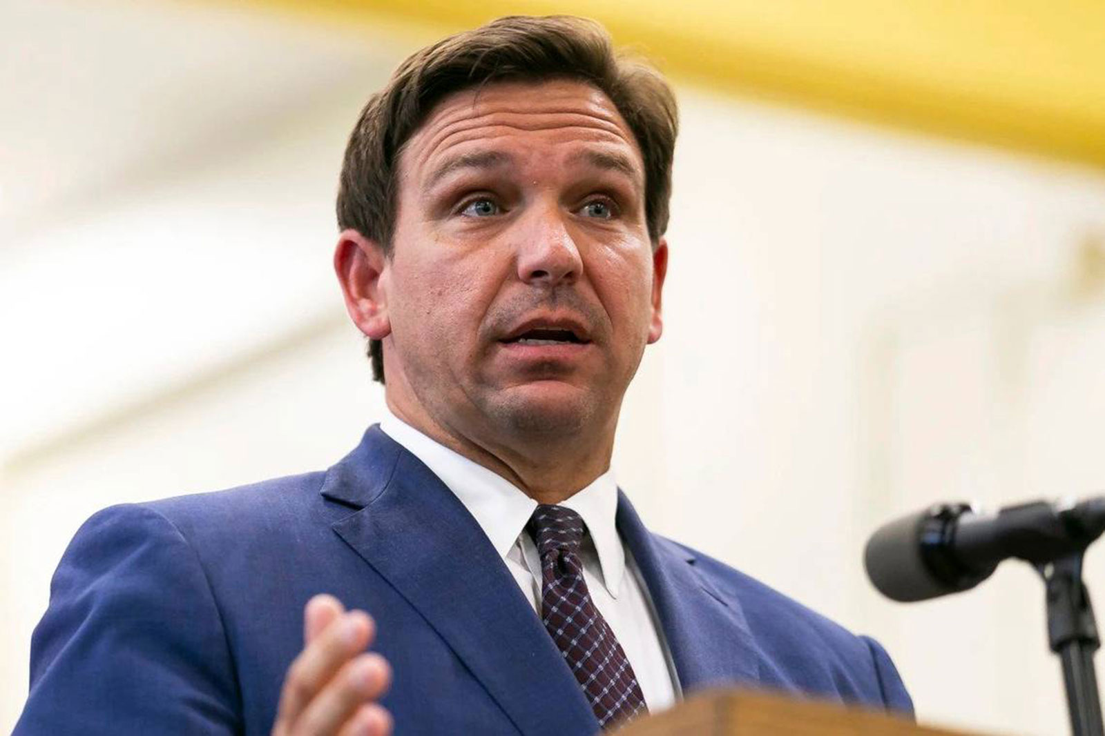 health Florida Gov. Ron DeSantis in a fit and tie speaks from powering a lectern and gestures with his suitable hand.