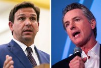 Two photos where Florida Gov. Ron DeSantis is picture on the left and California Gov. Gavin Newsom is on the right.