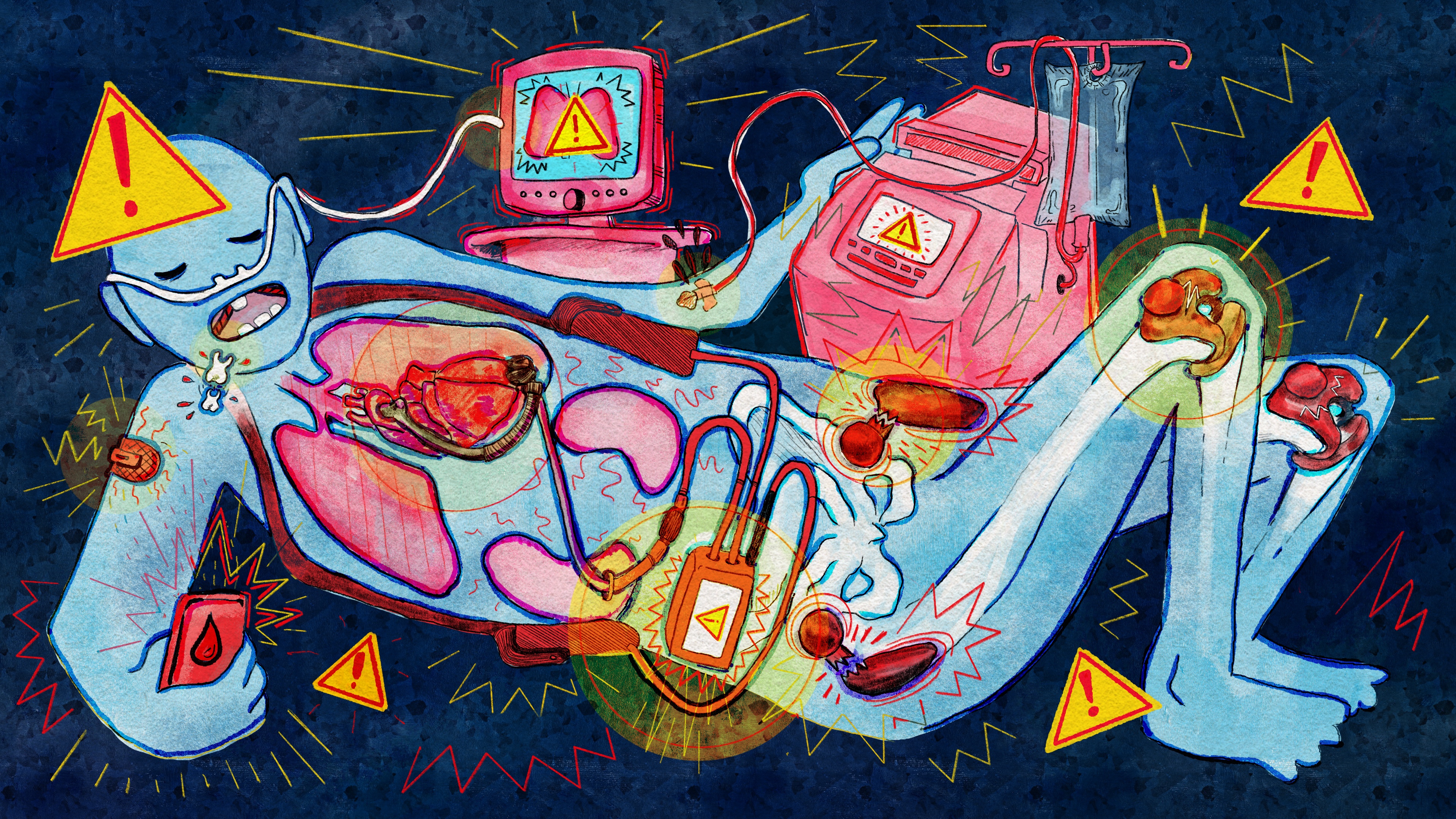 A colorful, digital illustration in pencil and watercolor shows a cartoon figure hooked up to an array of medical devices. The figure has a device in their mouth, which has caused two teeth to fall out; a glucose monitor on their arm is connected to a cellphone; a ventilator is connected to their lungs; a device is connected to their heart from the inside with battery packs on the outside; a hemodialysis machine causes blood to spurt from a vein unnoticed; and hip and knee implants are broken. Error symbols (a yellow triangle with a red exclamation point at its center) float in the background and around some of the devices.