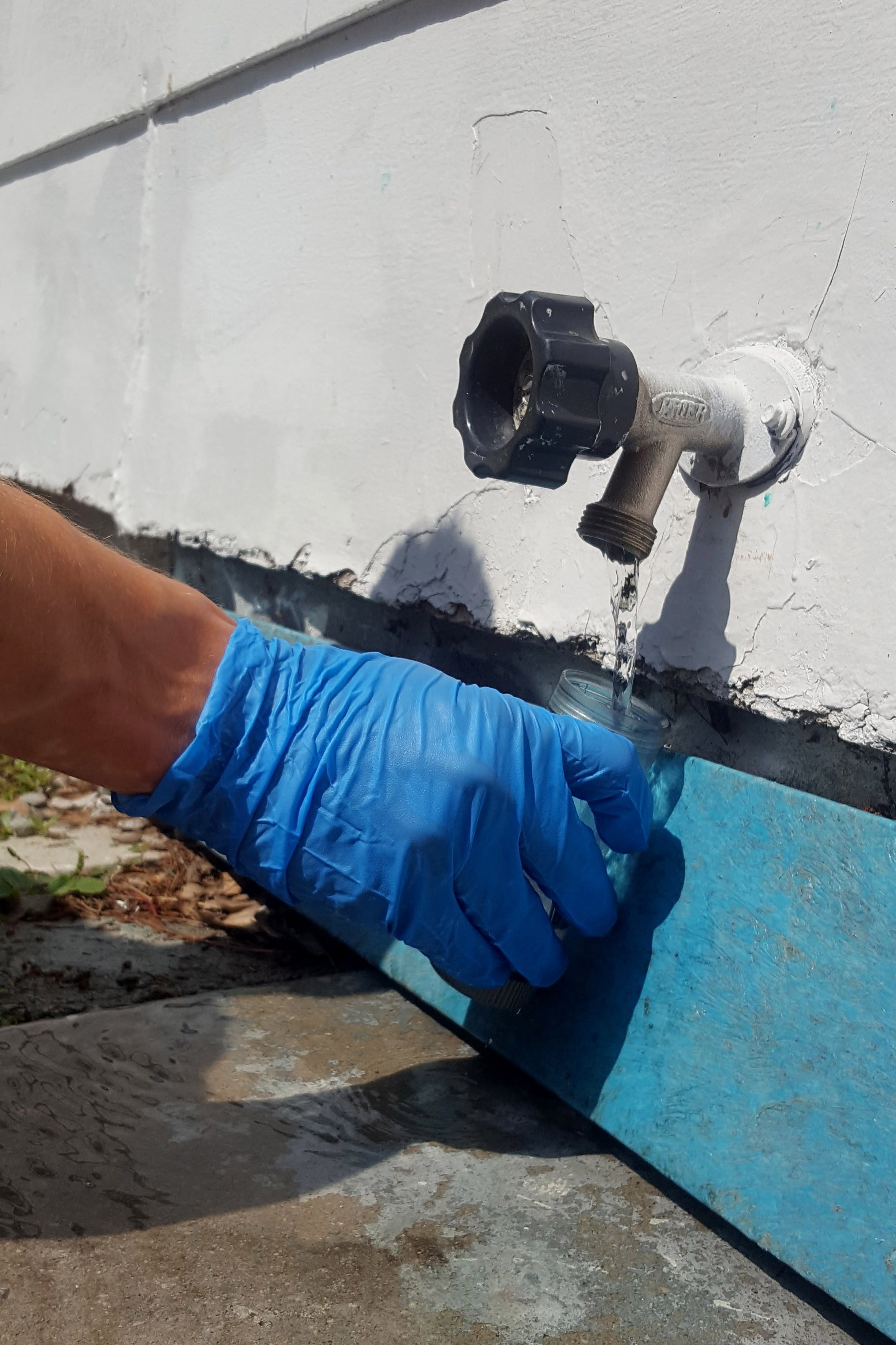 A person wearing a blue rubber glove takes a water sample from an outdoor water spigot.