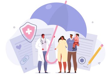 A vector illustration of a doctor holding a very large umbrella over a family.