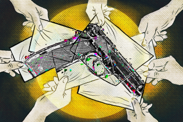 A digital illustration of a circle of hands extending from the edge of the image, each holding a sheet of paper. The papers overlap in the center and, like a puzzle, come together to reveal a drawing of a handgun. The gun is partially pixelated, representing the data and information each person is adding to the pile. In the background, a yellow spotlight made of Ben-Day dots eclipses the research over a textured black background.