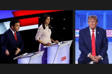 Two photos are shown side by side: The left is of Ron DeSantis and Nikki Haley debating on CNN. The photo on the right is of Donald Trump at a Fox News town hall event.