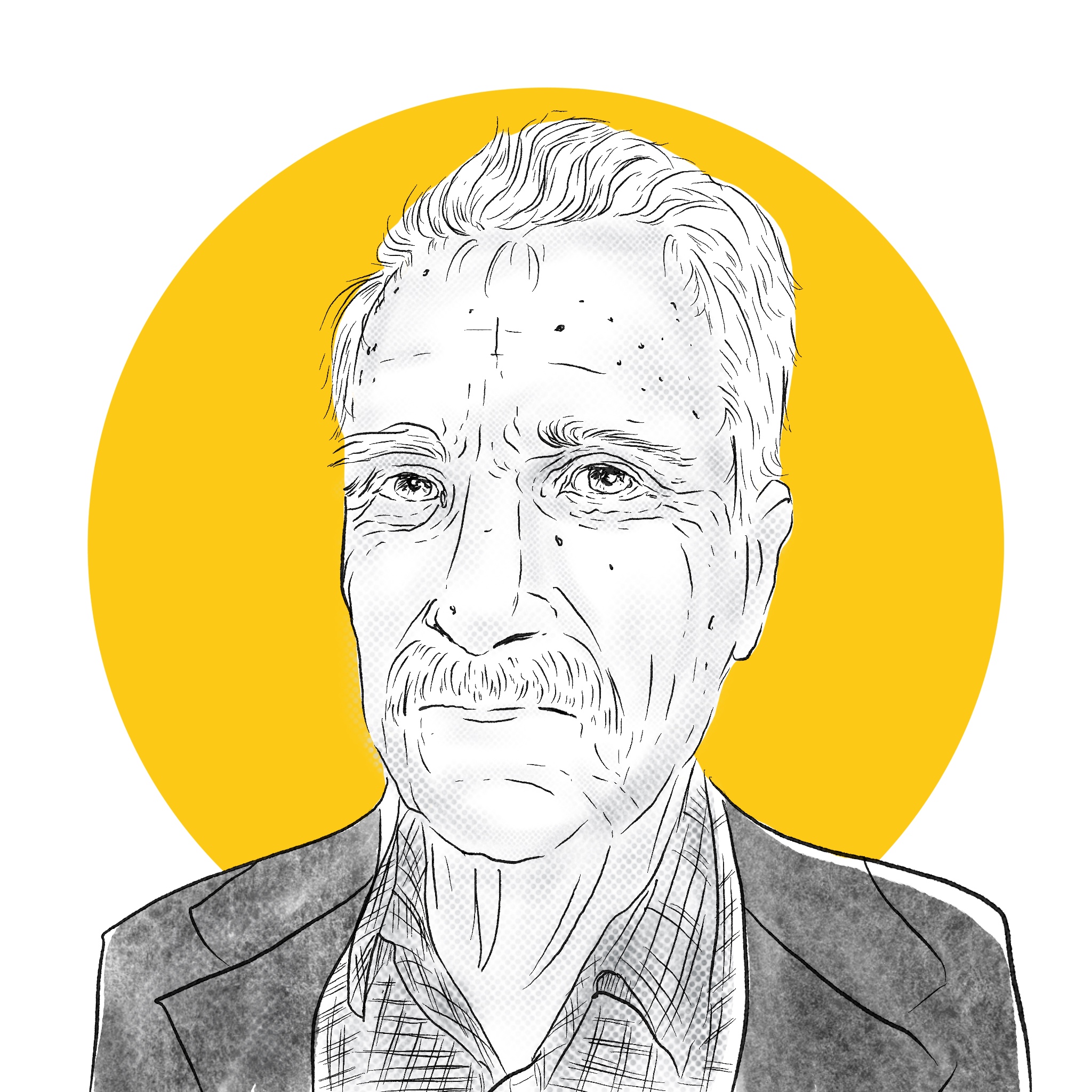 A black and white, pen and ink digital portrait of Philip J. Cook. There is a large yellow dot behind the drawing.