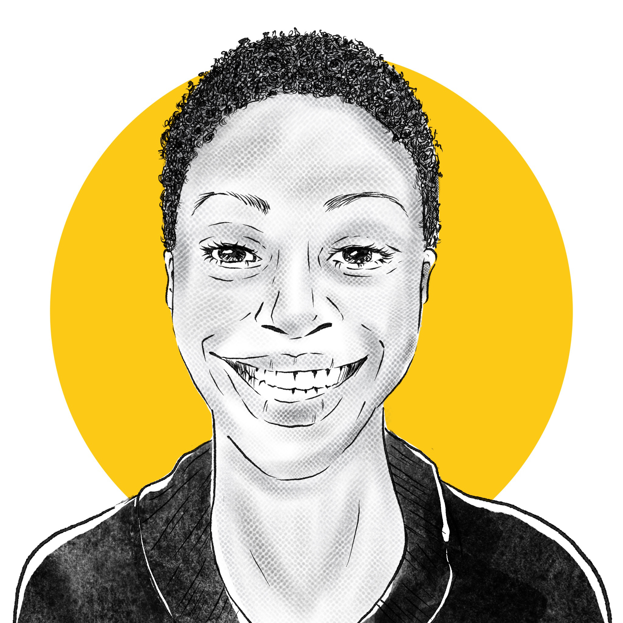 A black and white, pen and ink digital portrait of Shani Buggs. There is a large yellow dot behind the drawing.