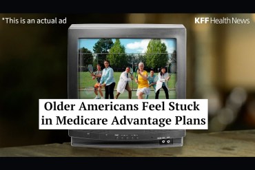 A thumbnail from a video of an analog TV with text over it that reads, "Older Americans Feel Stuck in Medicare Advantage Plans."