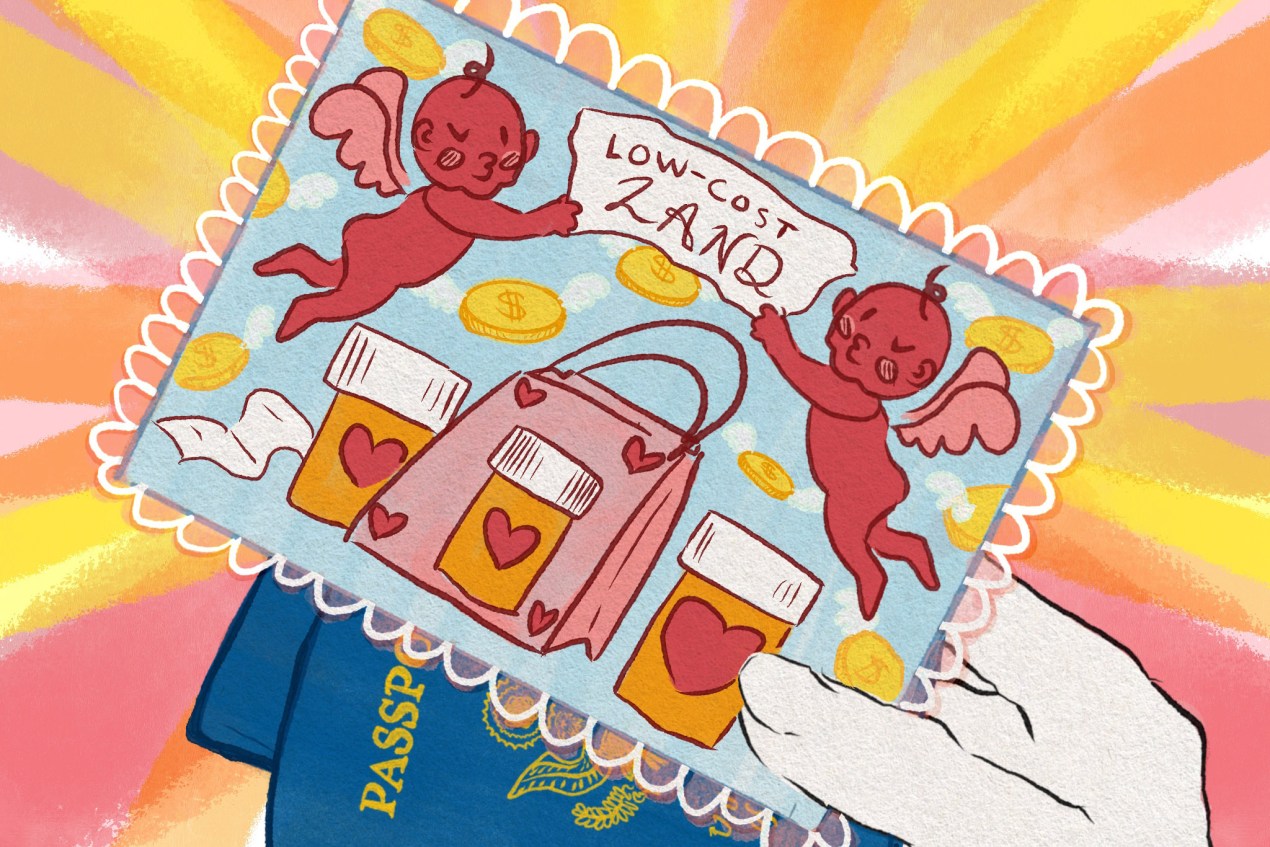 A colorful cartoon drawing shows a hand holding a postcard. The postcard image is of a banner reading “LOW-COST LAND” and being held by two cherry-red Cupids. Below the Cupids are prescription bottles and a shopping bag decorated with hearts. Gold coins with wings decorate the background. Two U.S. passports are visible tucked behind the postcard.