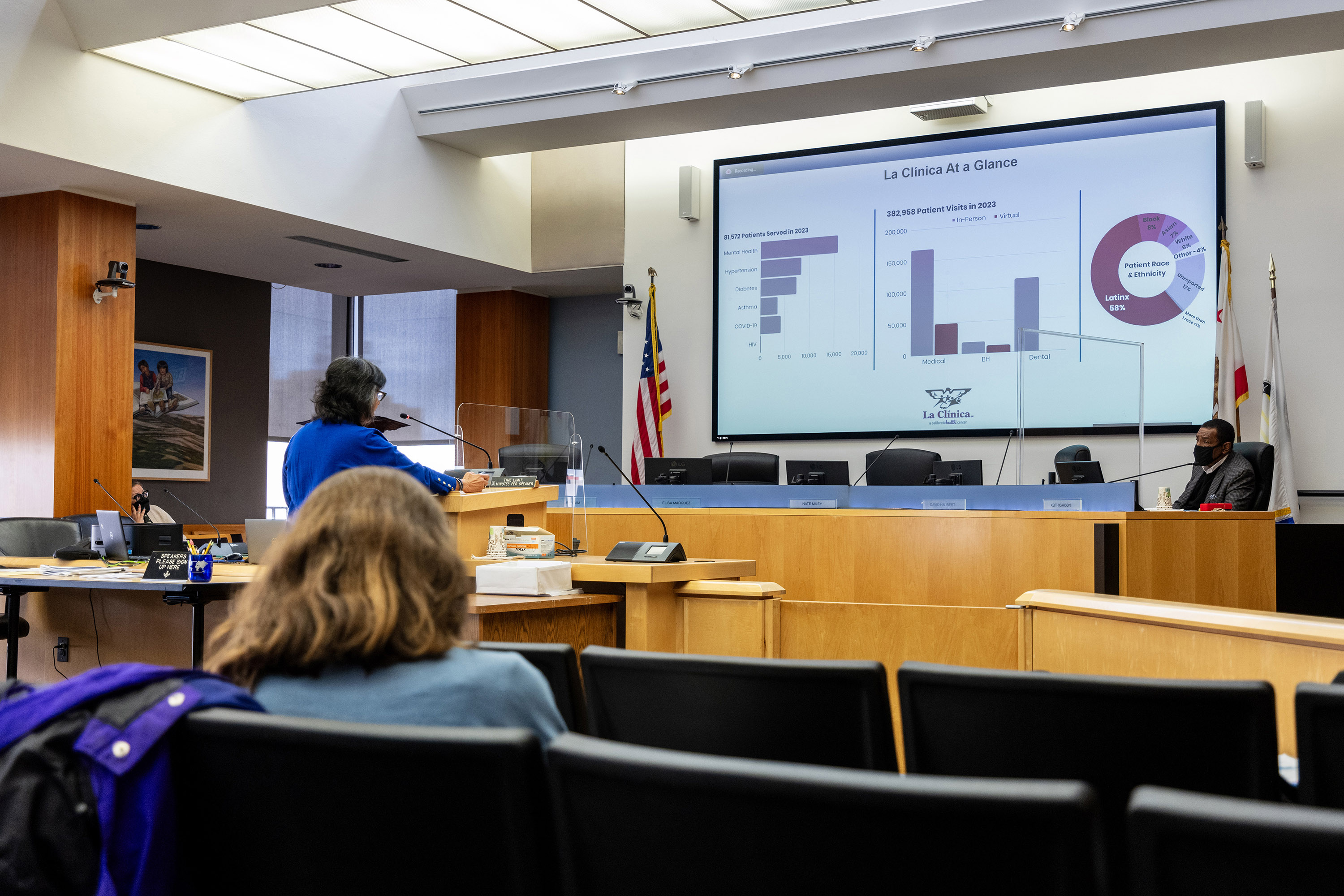 Jane Garcia gives a testimony in a court room. There are charts being shown on a large screen at the front of a room, titled "La Clínica At a Glance."
