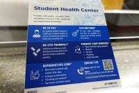 A card for the California State University-San Bernardino’s Student Health Center. It lists services, such as "Vaccinations, on site pharmacy, primary care services, and reproductive care."