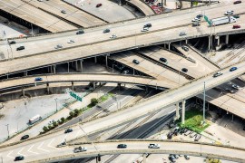 An aerial view of a highway near downtown New Orleans, Louisiana.