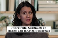 A still from a video of a reporter with text on the screen that reads, "The Powerful Constraints on Medical Care in Catholic Hospitals."