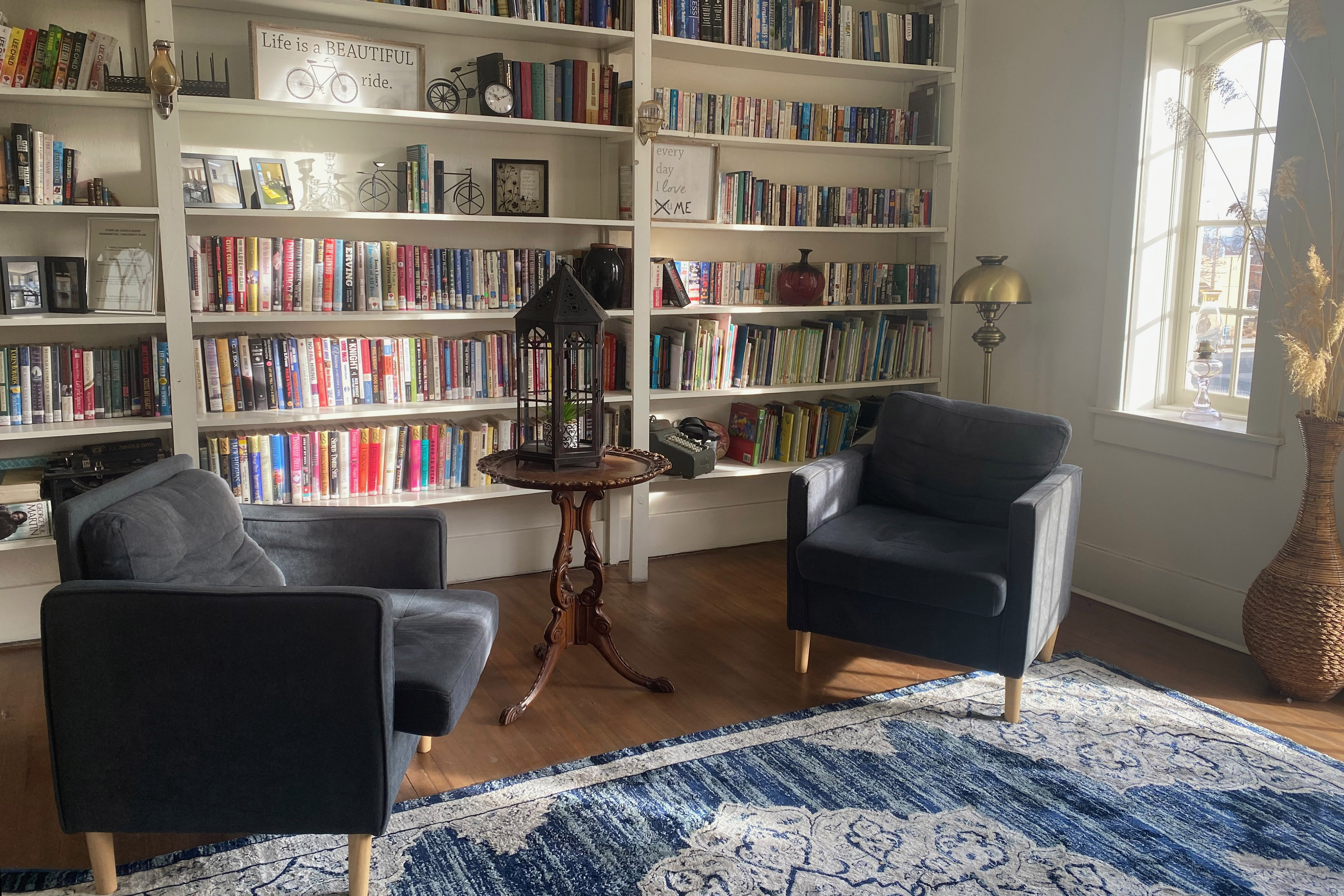 A room with two cushioned blue chairs in the center and a blue rug. The walls are lined with floor-to-ceiling bookshelves, filled with books with colorful spines. A window, on the right wall, lets in bright sunlight.