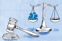 A digital illustration of a gavel and scales of justice with a Rod of Asclepius symbol in one of the scales.