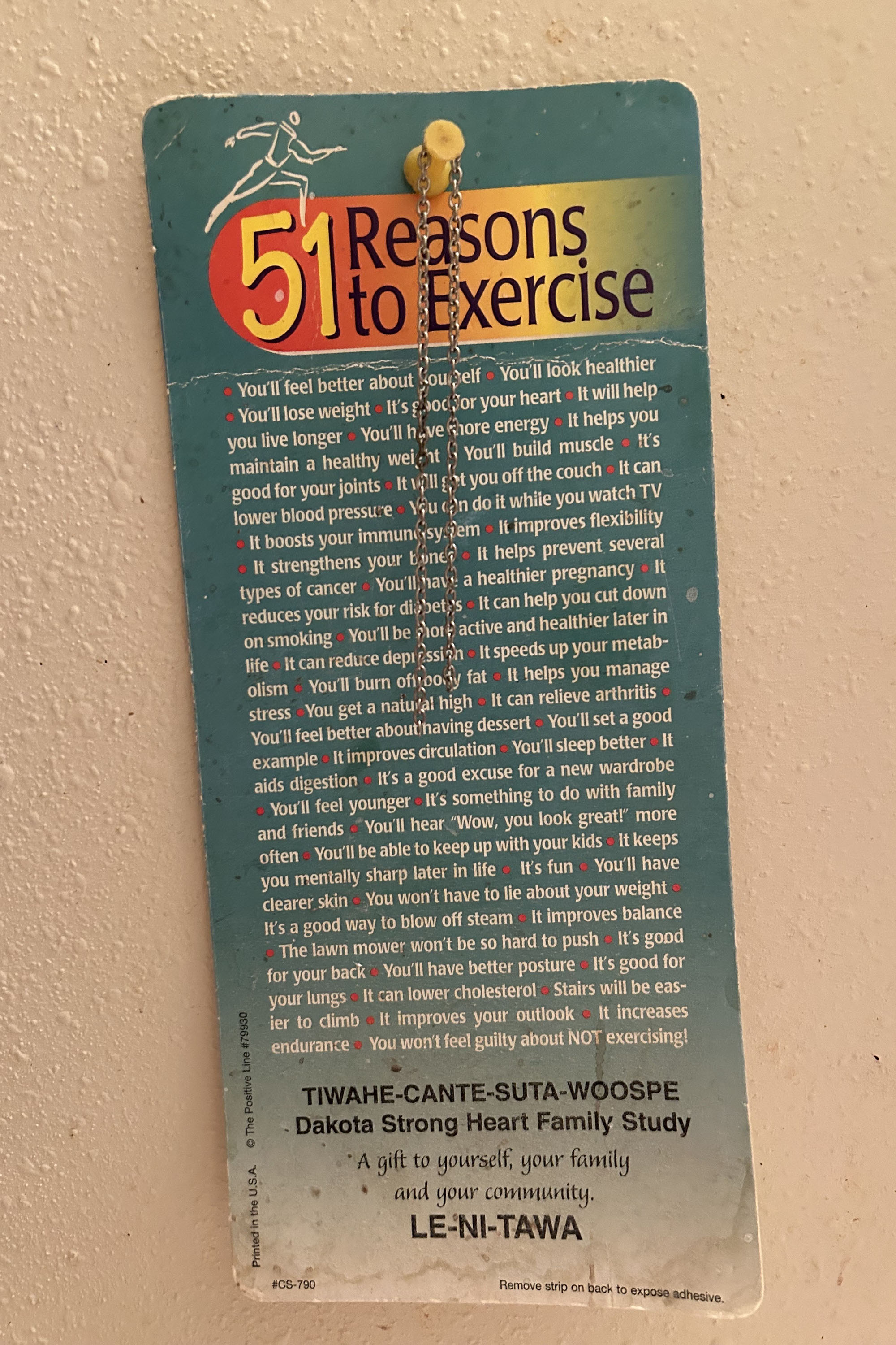 A sign that says, "51 Reasons to Exercise." The reasons are listed in a small white font in a dense block of text separated by red bullet points. At the bottom, it reads "TIWAHE-CANTE-SUTA-WOOSPE / Dakota Strong Heart Family Study / A gift to yourself, your family, and your community / LE-NI-TAWA"