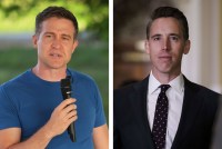Two photos shown side by side. The left photo is of Lucas Kunce speaking to a crowd while holding a microphone. The right is of Sen. Josh Hawley walking down a hallway in the U.S. Capitol.