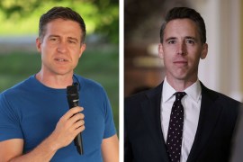 Two photos shown side by side. The left photo is of Lucas Kunce speaking to a crowd while holding a microphone. The right is of Sen. Josh Hawley walking down a hallway in the U.S. Capitol.